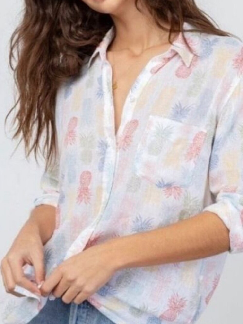 RAILS CHARLI RAINBOW PINEAPPLE LIGHTWEIGHT LINEN BLEND BUTTON DOWN SHIRT XS / S